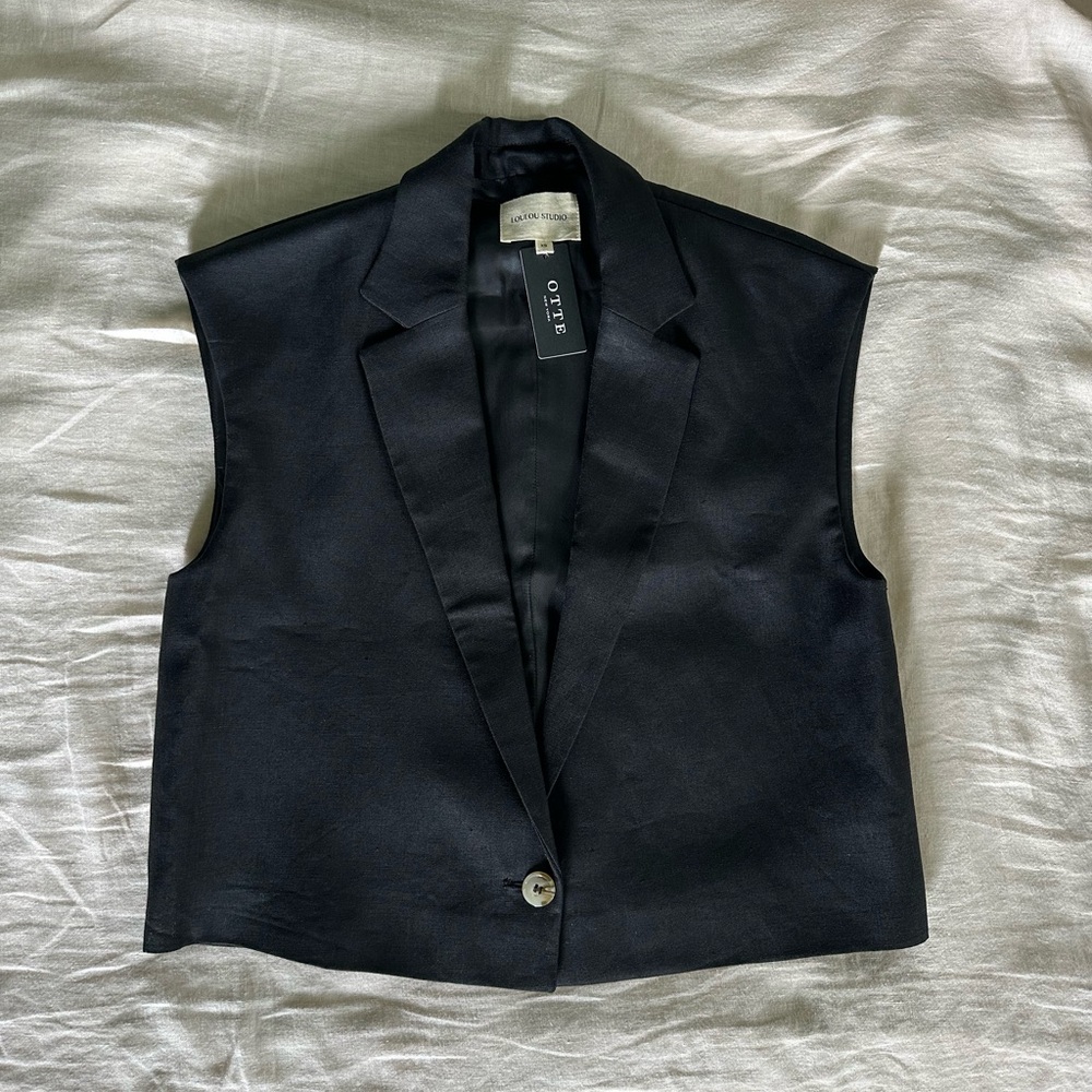 Loulou Studio Boxy Black Linen Blazer Vest
